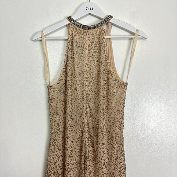 MAC DUGGAL Bugle Bead Halter Sheath Gown in Nude Silver Size US 8 - Picture 10 of 12